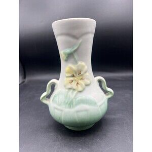 Vintage Weller Panella Double Handle Pansy Art Pottery Vase Green 6.5” USA